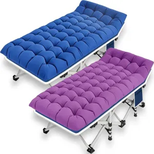 2 Pack Camping Cot with Comfortable Mattress Blue and Purple Cots for Sleeping Camping Bed Folding Cot Guest Bed Easy to Setup Sturdy with Carry Bag for Outdoor Indoor