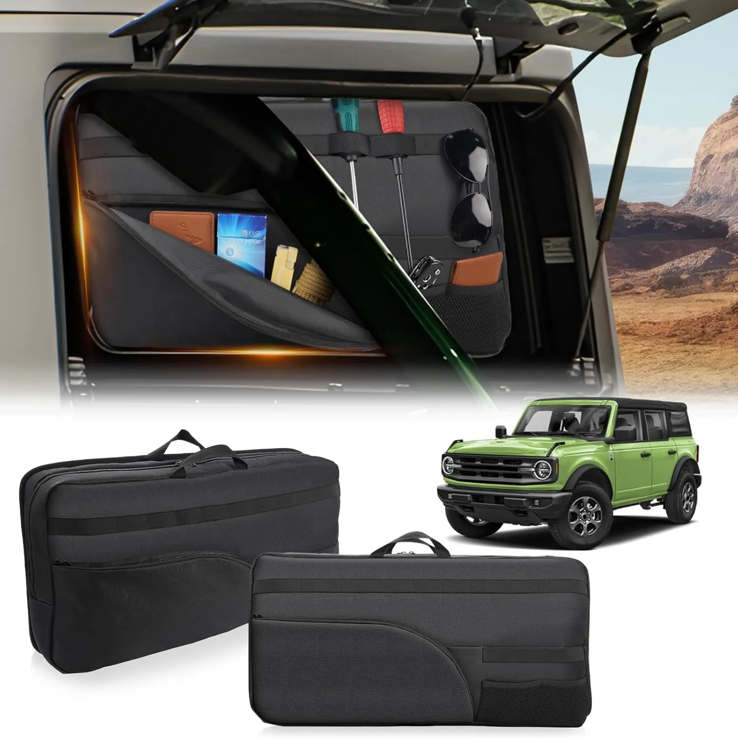 2 Pack Side Window Storage Bag Kit for 2021-2025 Ford Bronco 4 Door,2nd Row Roll Bar Cargo Suction Organizer Storage Pocket Handbag for Bronco Off-Road Accessories
