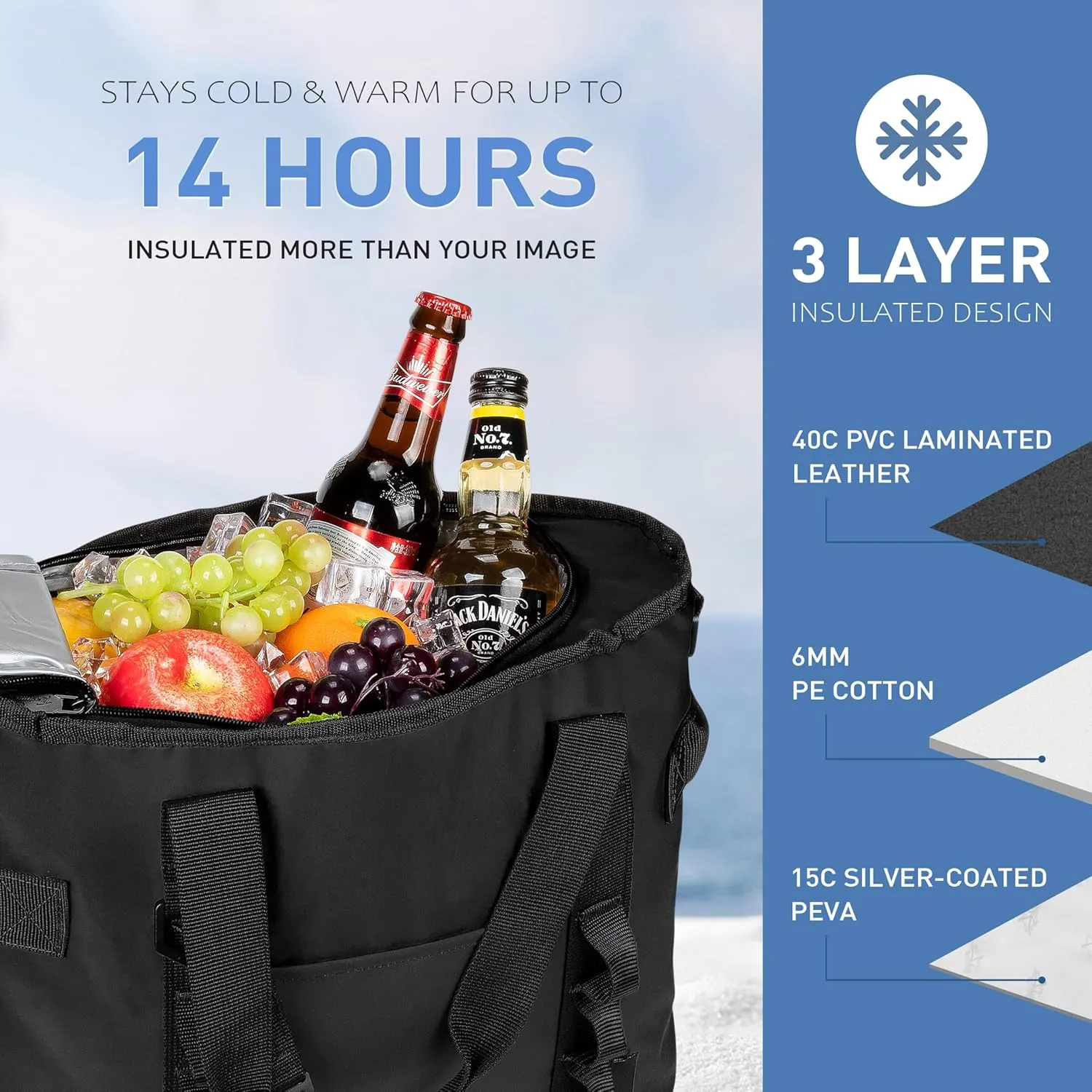 20 Cans Insulated Cooler Bag, Collapsible Leakproof Outdoor Portable Cooler with Zippered, Reusable Portable Grocery Cooler Bags for Travel, Picnic, Camping, Kayaking