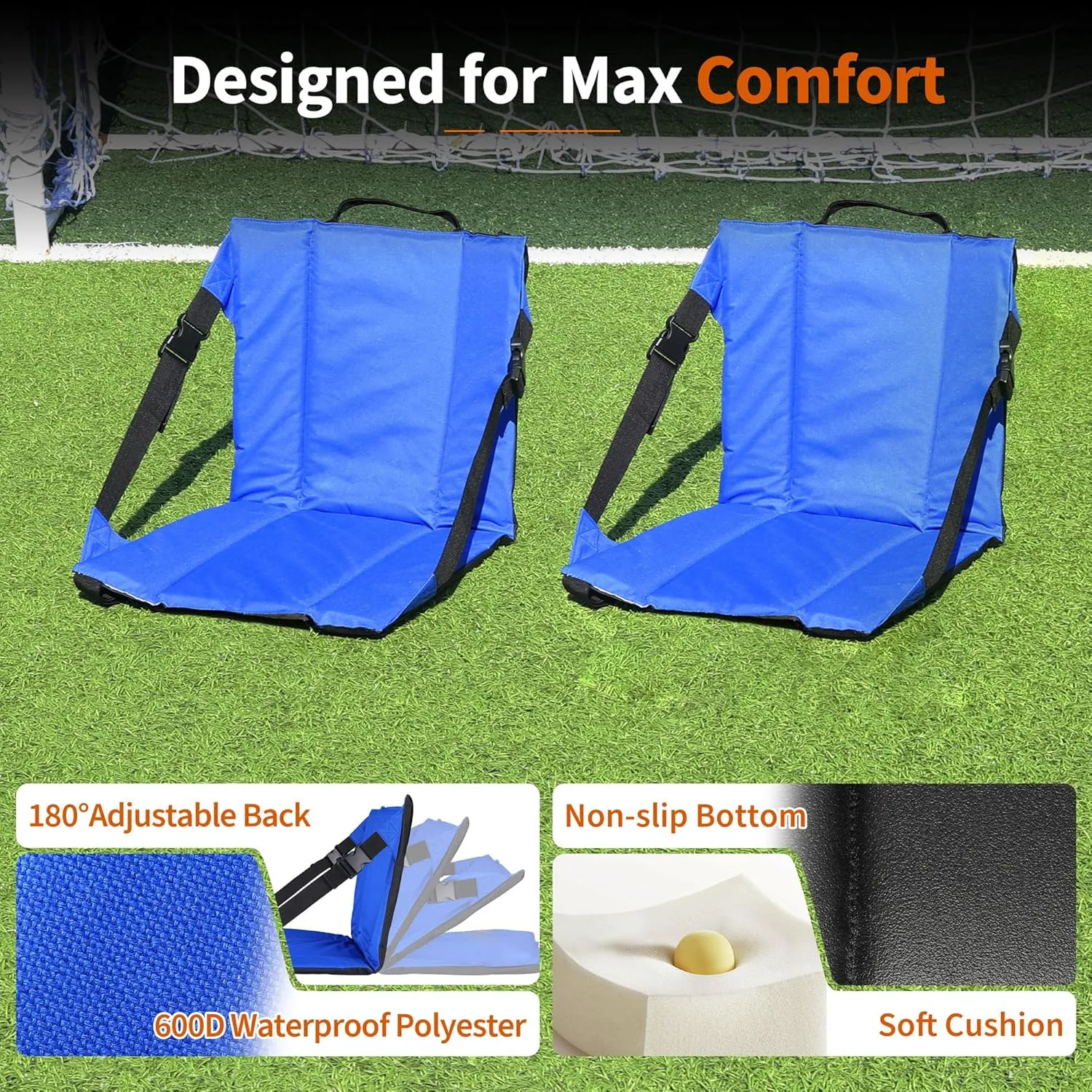 2PCS Portable Stadium Seat Cushion for Bleachers,Folding Lightweight Seat with Backrest,Adjustable Straps,Ideal for Camping,Hiking,Sports Events,Outdoor Concerts