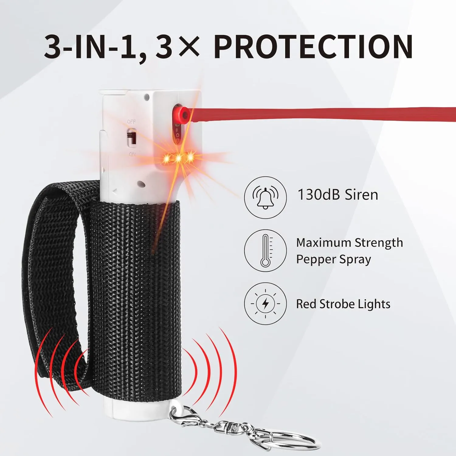 3-in-1 Personal Safety Alarm Keychain, Pepper Spray Self Defence for Women, Red Gel & 130 dB Siren & Strobe Lights, UV Marking Dye, Canister Replaceable, Adjustable Wrist Strap for Jogger Runner