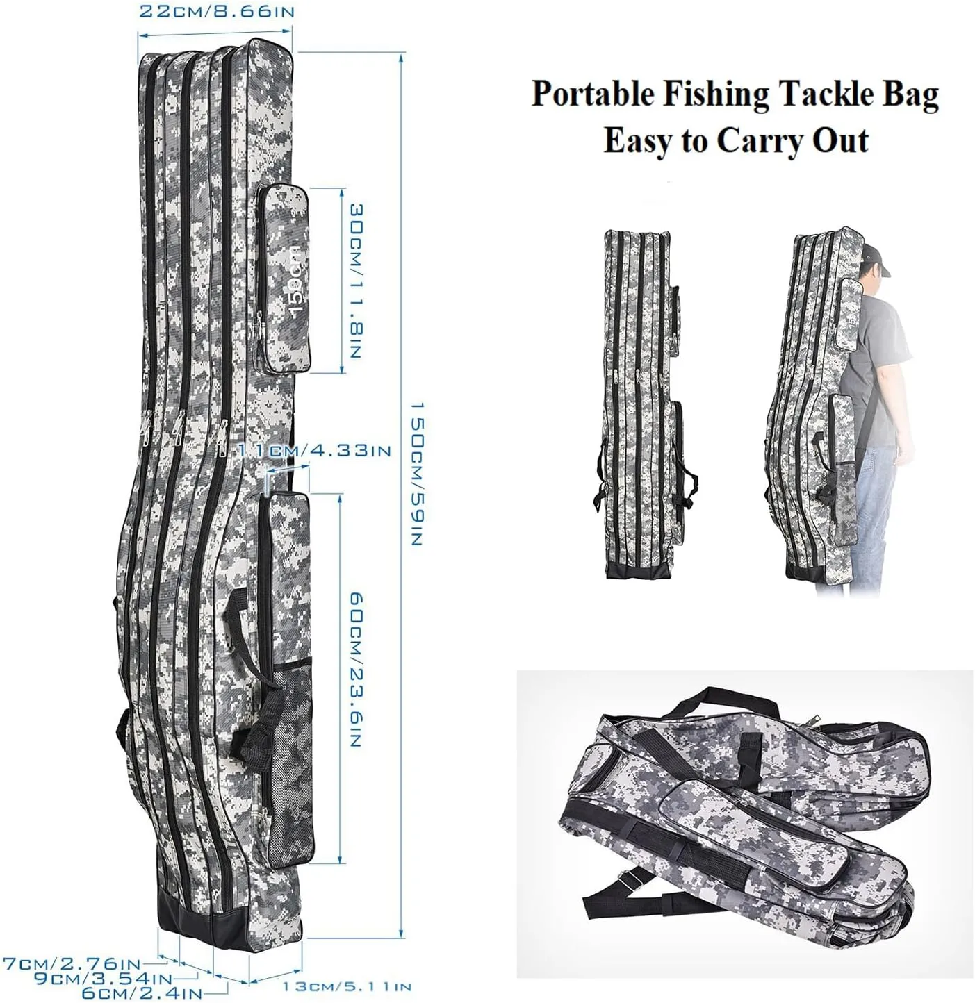 3 Layers Fishing Pole Bag,Portable 3 Layers Oxford Folding Rod Carry Case,Fishing Reel Tackle Storage Bag Case
