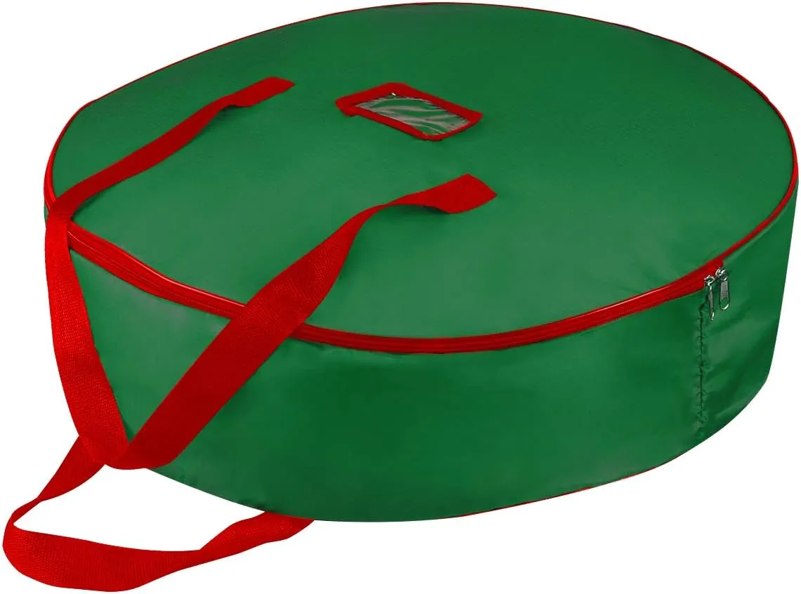 30" Christmas Wreath Storage Container Bag - Christmas Large Garland Ornament Wreath Container - Reinforced Wide Heavy Duty Handle and Double Sleek Zipper - Protect Your Party Decorations - Green