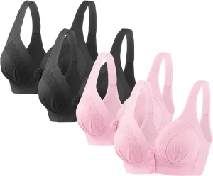 4 Pack Bras for Older Women Front Closure Push Up Bra No Underwire Senior Bralettes with Snaps Breathable Underwear