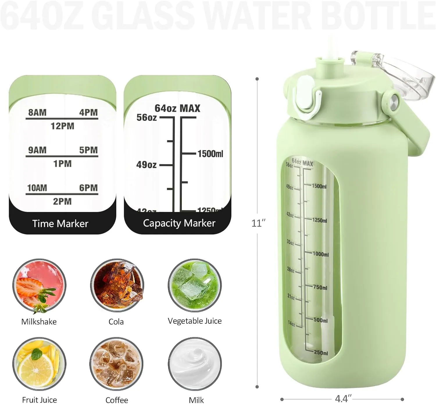 64 oz Glass Water Bottle with Straw and 2 Lids, Half Gallon Water Bottle with Sleeve, Large Insulated 2 Liter Glass Water Jug Time Marker with Handle