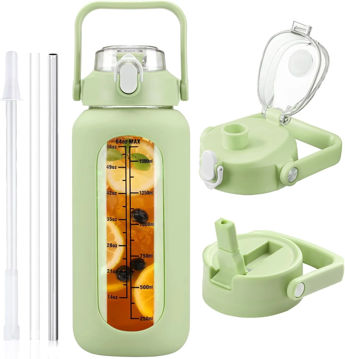 64 oz Glass Water Bottle with Straw and 2 Lids, Half Gallon Water Bottle with Sleeve, Large Insulated 2 Liter Glass Water Jug Time Marker with Handle