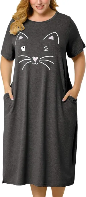 Agnes Orinda Women's Plus Size Nightgowns Pajama Soft Nightshirt Cute Cat Family Sleepdress with Pockets