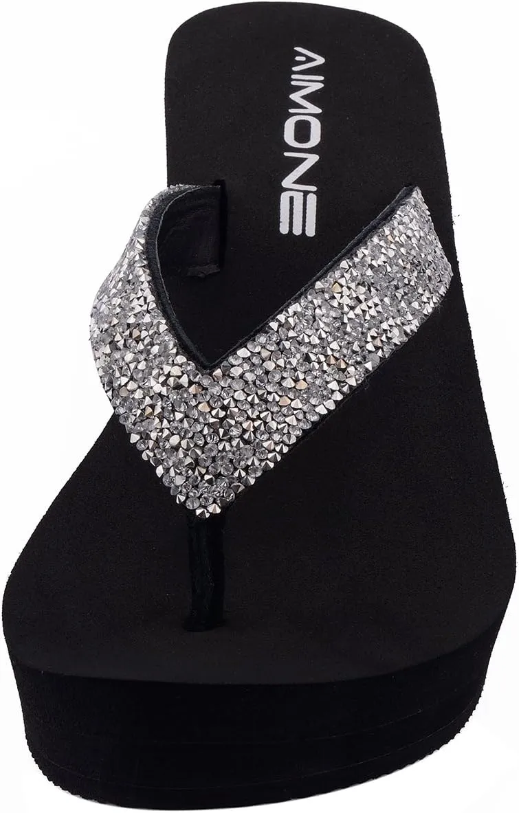 AIMONE-Stella Black Wedge Sandals for Women Dressy Rhinestone Platform Flip Flops