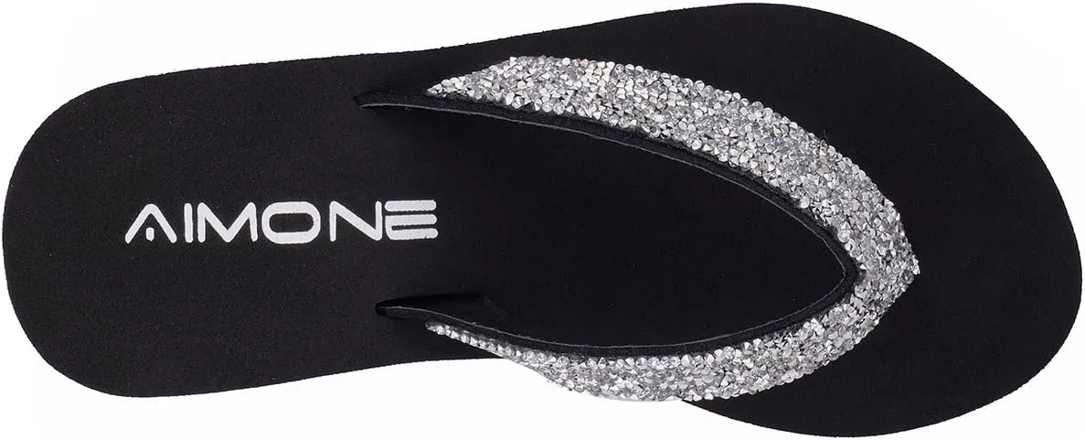 AIMONE-Stella Black Wedge Sandals for Women Dressy Rhinestone Platform Flip Flops