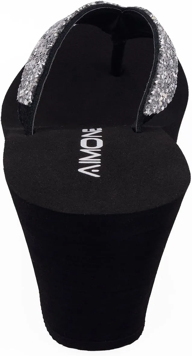 AIMONE-Stella Black Wedge Sandals for Women Dressy Rhinestone Platform Flip Flops