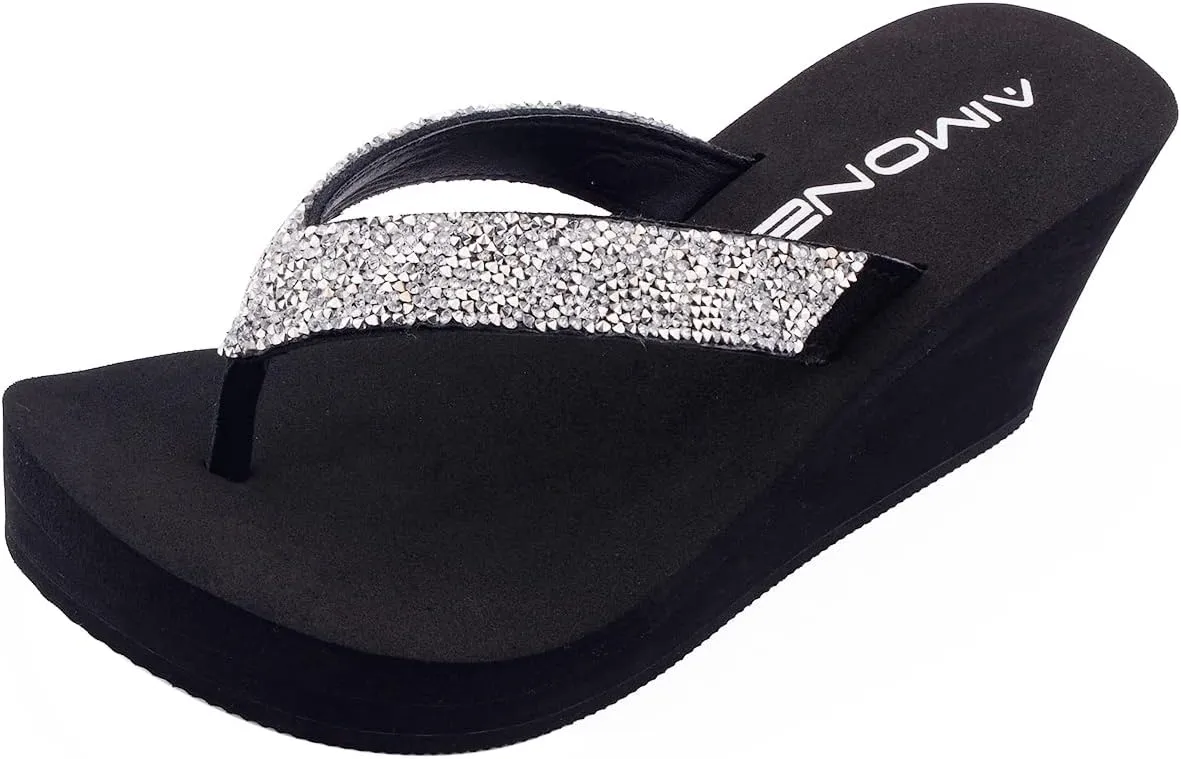 AIMONE-Stella Black Wedge Sandals for Women Dressy Rhinestone Platform Flip Flops