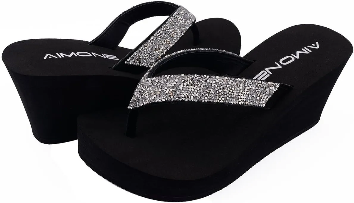 AIMONE-Stella Black Wedge Sandals for Women Dressy Rhinestone Platform Flip Flops