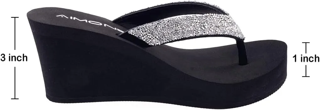 AIMONE-Stella Black Wedge Sandals for Women Dressy Rhinestone Platform Flip Flops
