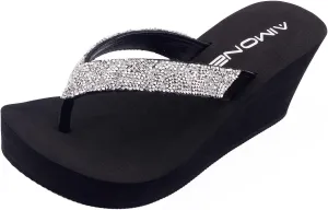 AIMONE-Stella Black Wedge Sandals for Women Dressy Rhinestone Platform Flip Flops
