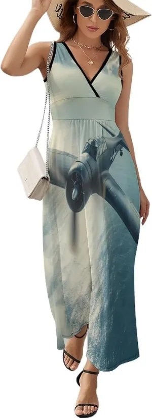 Airplane Aviation Dresses for Women Sleeveless V Neck Long Maxi Dress Casual Tank Swing Dresse