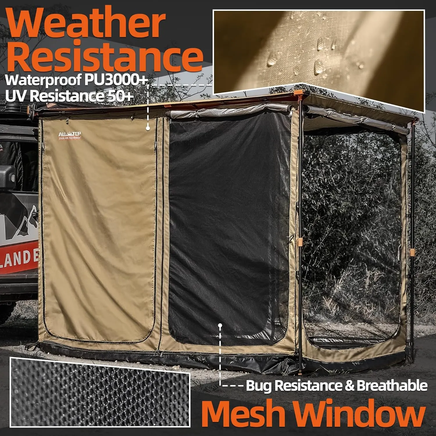 ALL-TOP Awning Room with Floor 6.6' x 8.2' Rip-Stop 420D Oxford Awning Tent with Bug-Resistance Mesh, Waterproof Sun Shelter for Overland, Camping(Room Only)