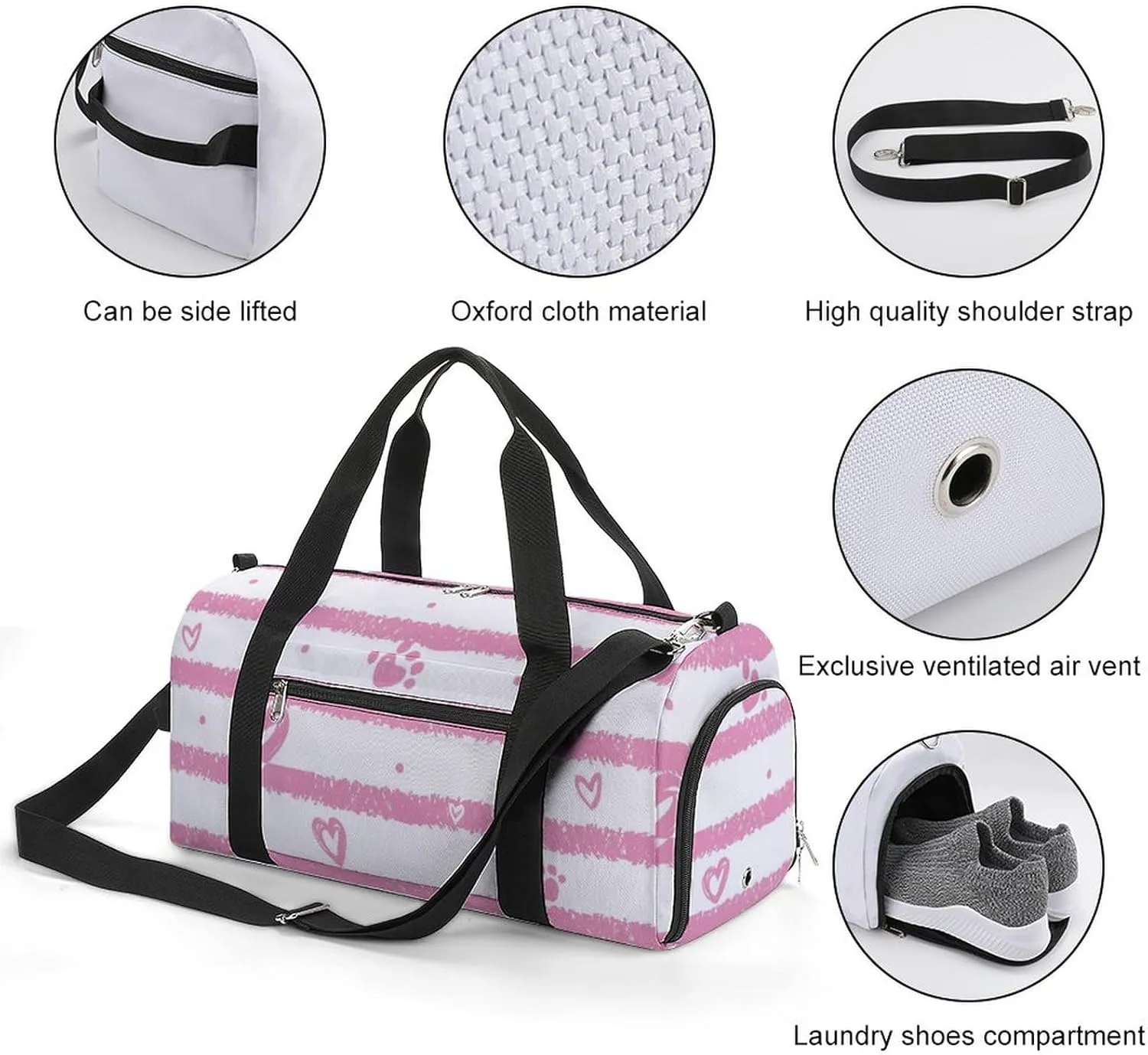 Animal Tracks And Hearts Fitness Large Gym Bag for Unisex with Shoe Compartment & Wet Pocket