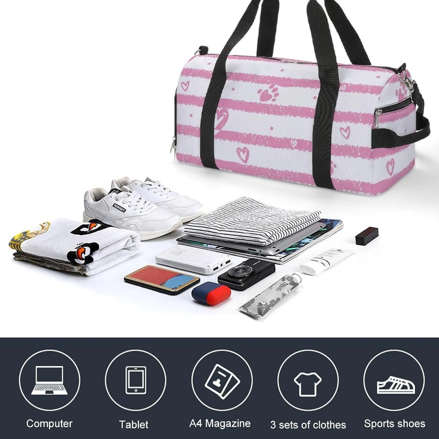 Animal Tracks And Hearts Fitness Large Gym Bag for Unisex with Shoe Compartment & Wet Pocket
