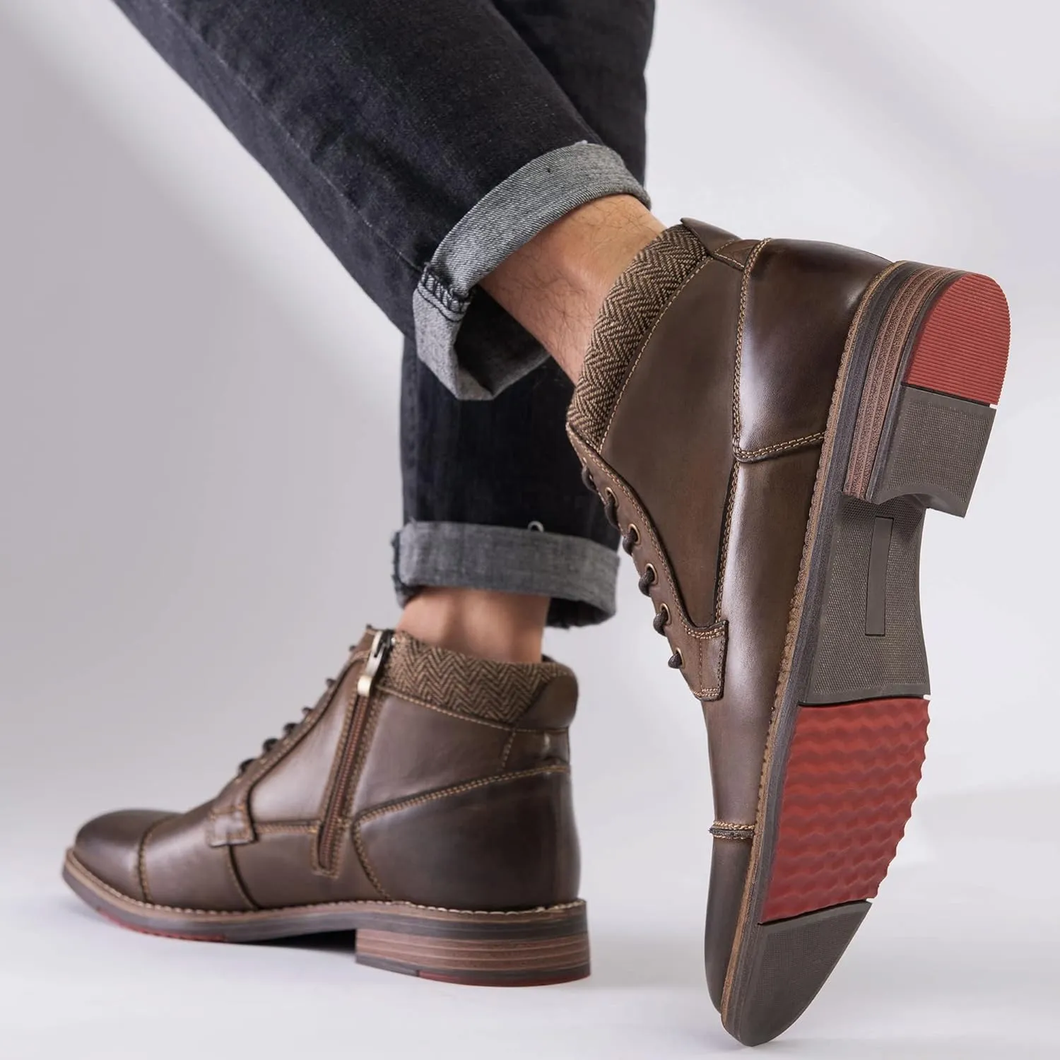 Arkbird Mens Oxford Leather Dress Boots Classic Cap Toe Side Zip Mid Top Casual Ankle Boots for Men