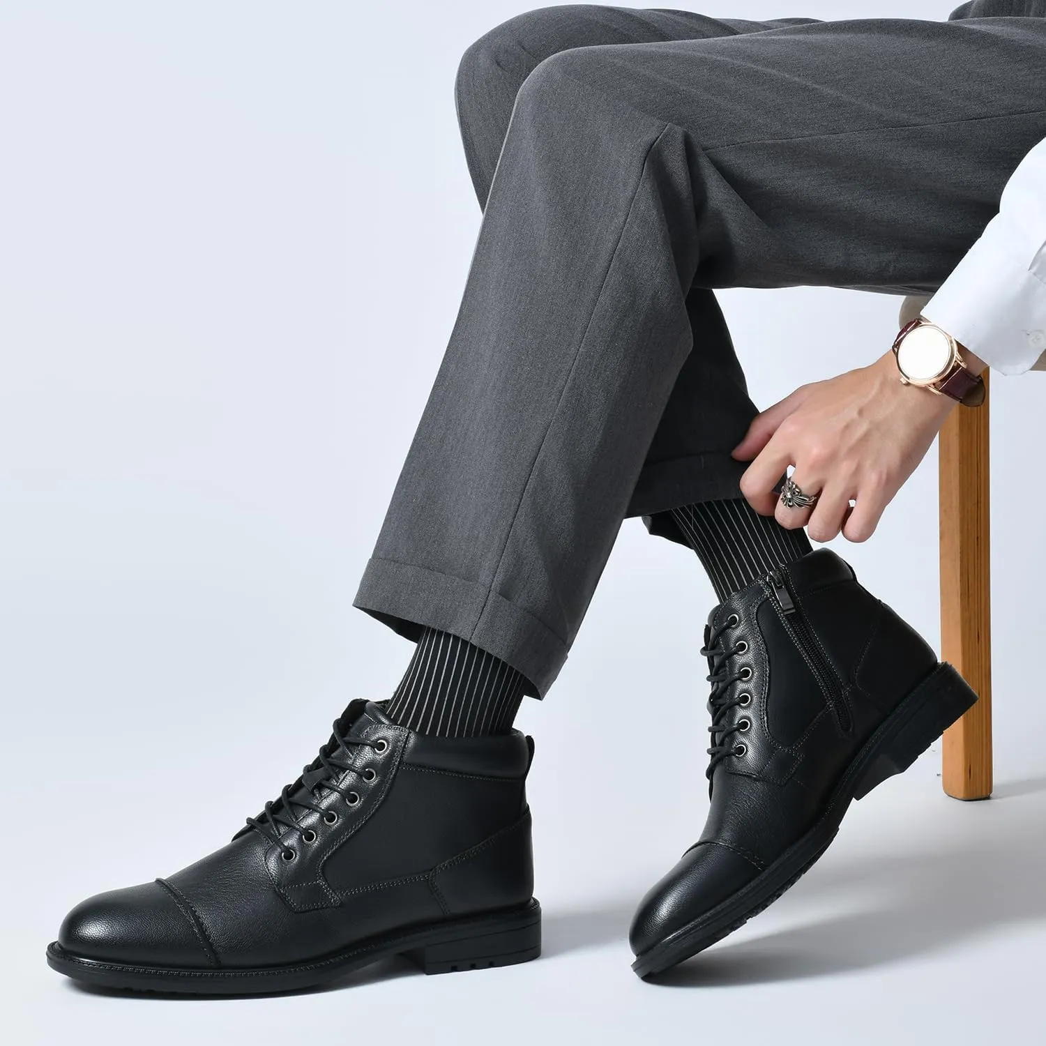 Arkbird Mens Oxford Leather Dress Boots Classic Cap Toe Side Zip Mid Top Casual Ankle Boots for Men