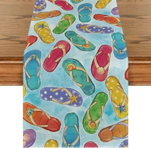 Artoid Mode Blue Flip Flops Seaside Themed Summer Table Runner, Seasonal Kitchen Dining Table Decoration for Home Party Decor 13x108 Inch