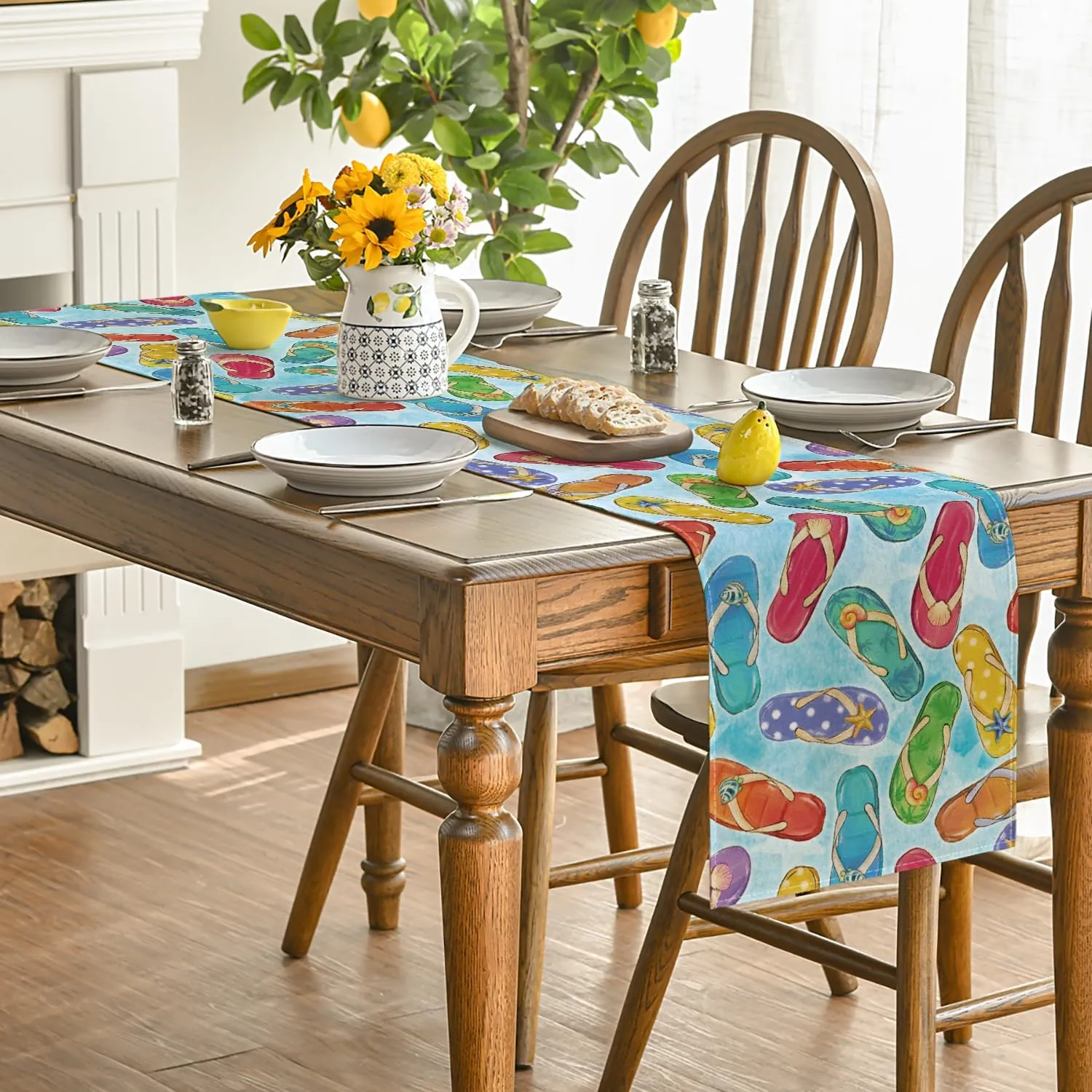 Artoid Mode Blue Flip Flops Seaside Themed Summer Table Runner, Seasonal Kitchen Dining Table Decoration for Home Party Decor 13x108 Inch