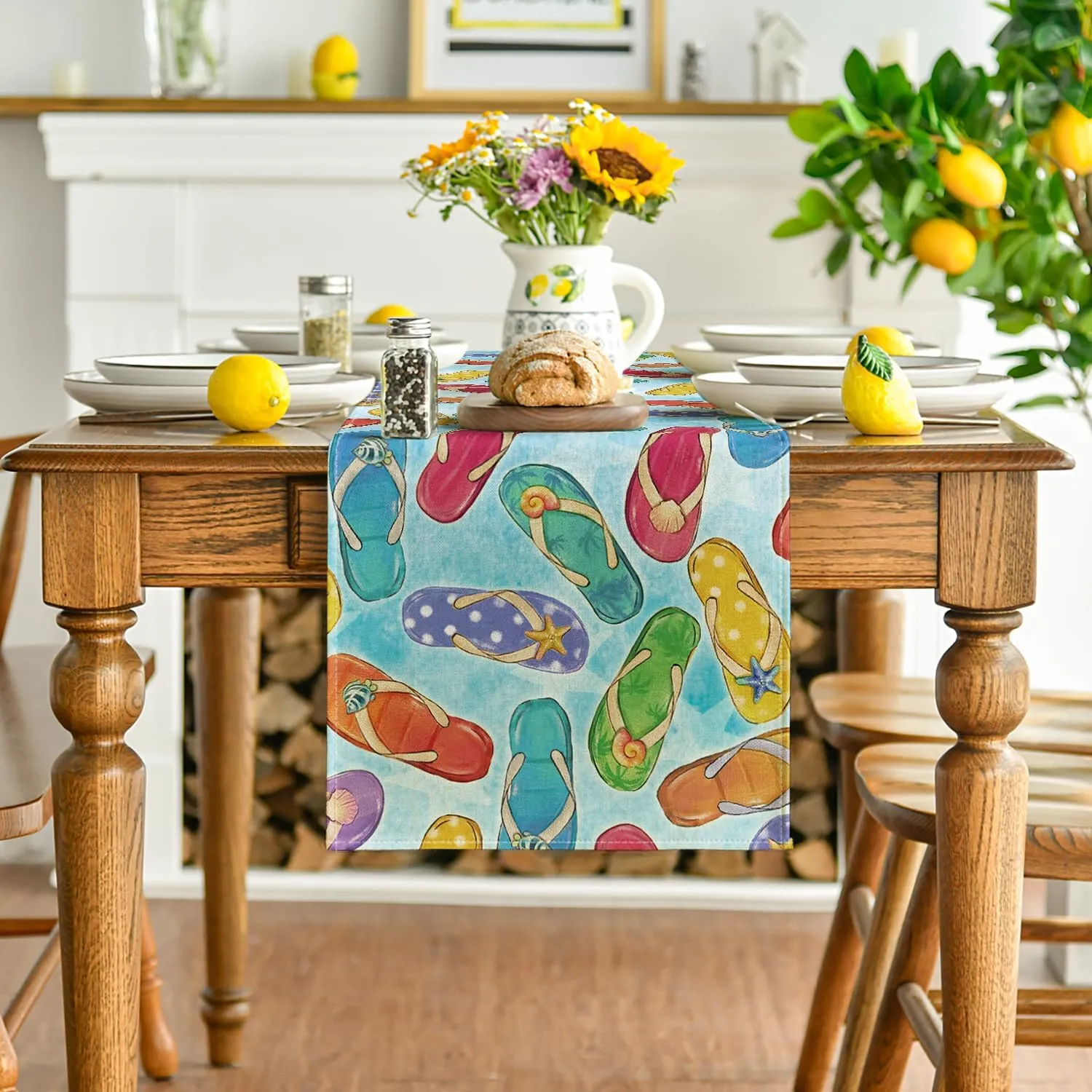 Artoid Mode Blue Flip Flops Seaside Themed Summer Table Runner, Seasonal Kitchen Dining Table Decoration for Home Party Decor 13x108 Inch