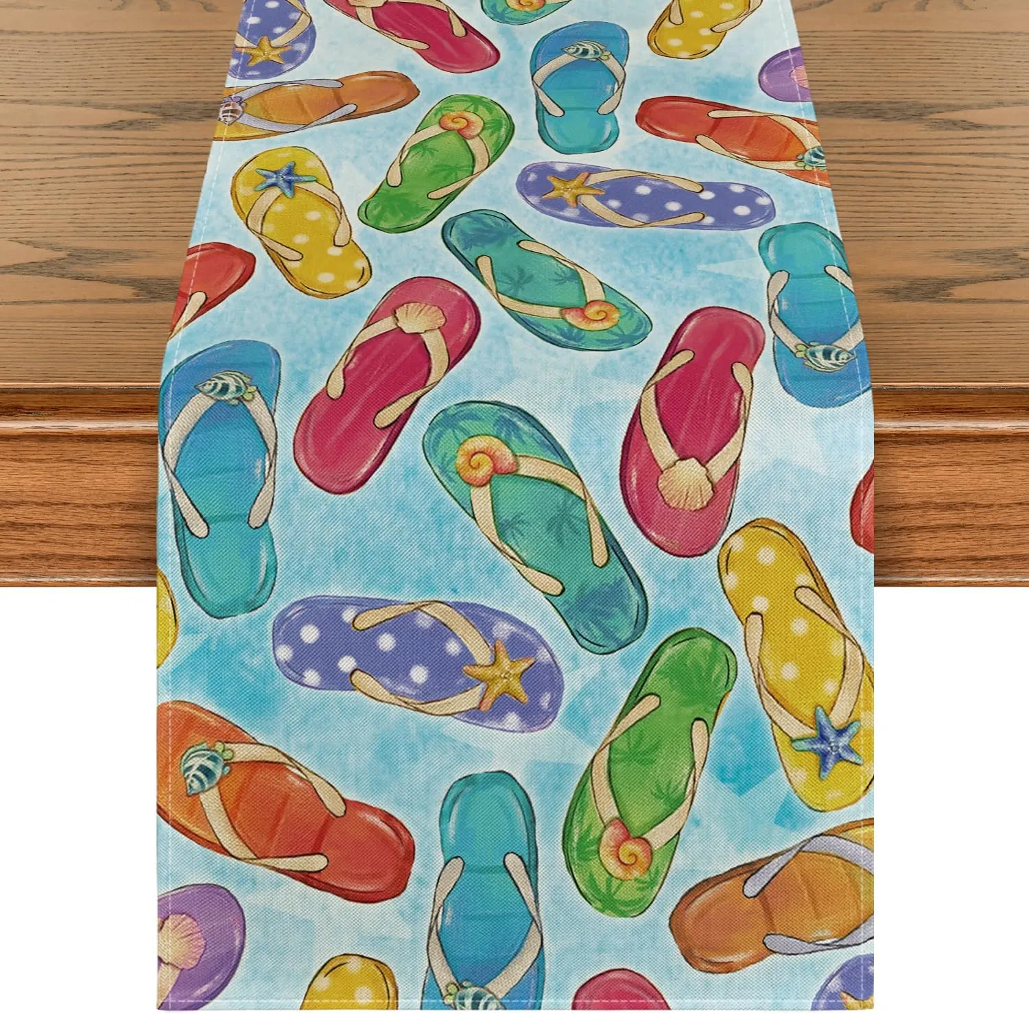 Artoid Mode Blue Flip Flops Seaside Themed Summer Table Runner, Seasonal Kitchen Dining Table Decoration for Home Party Decor 13x108 Inch