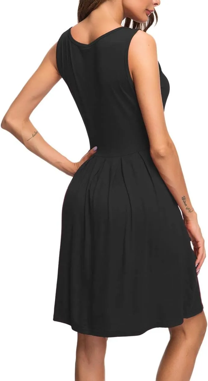 AUSELILY Women's Sleeveless Dresses for Women 2025 Pleated Loose Swing Knee Length Dress with Pockets