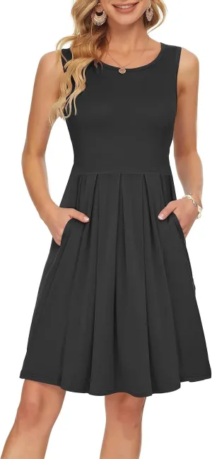 AUSELILY Women's Sleeveless Dresses for Women 2025 Pleated Loose Swing Knee Length Dress with Pockets