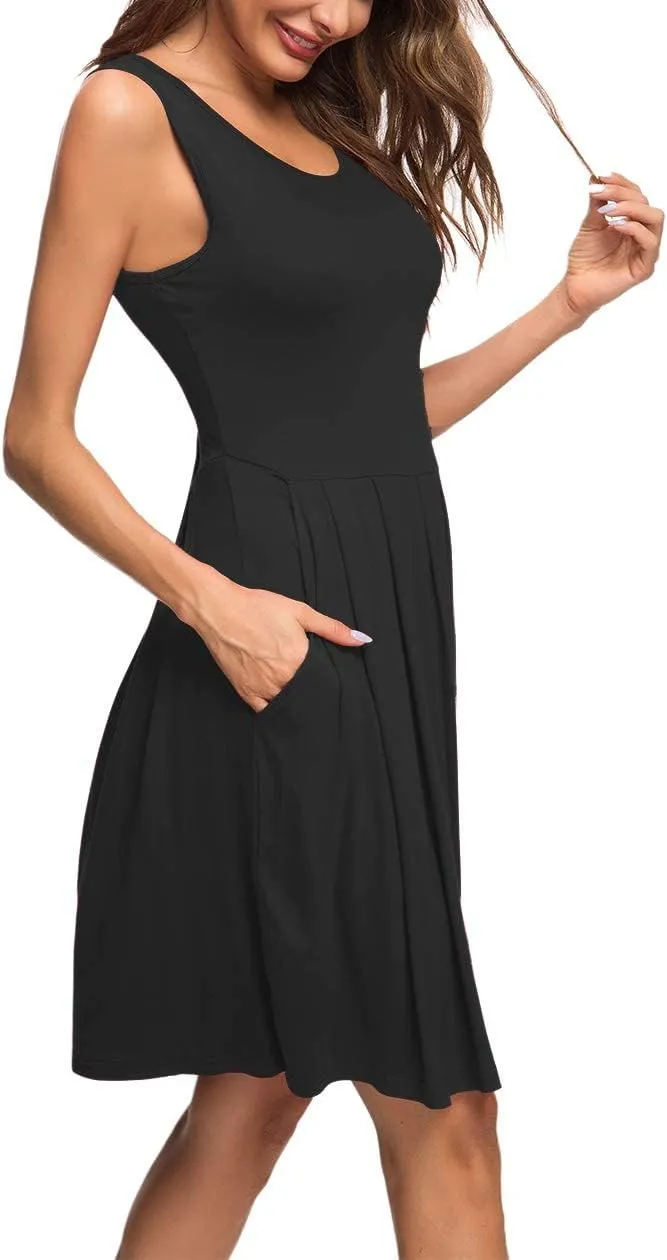 AUSELILY Women's Sleeveless Dresses for Women 2025 Pleated Loose Swing Knee Length Dress with Pockets