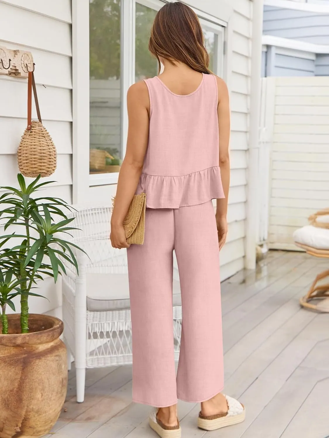 AUTOMET Womens Summer 2 Piece Outfits Linen Crop Tank Tops Lounge Matching Sets & Long Track Pants Tracksuits 2025