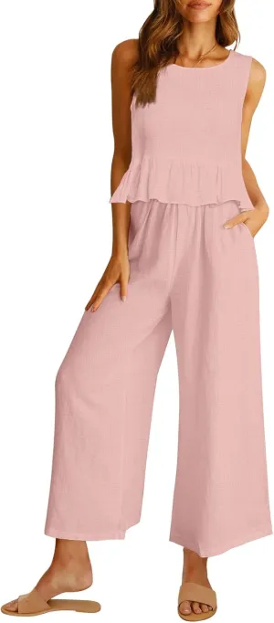 AUTOMET Womens Summer 2 Piece Outfits Linen Crop Tank Tops Lounge Matching Sets & Long Track Pants Tracksuits 2025