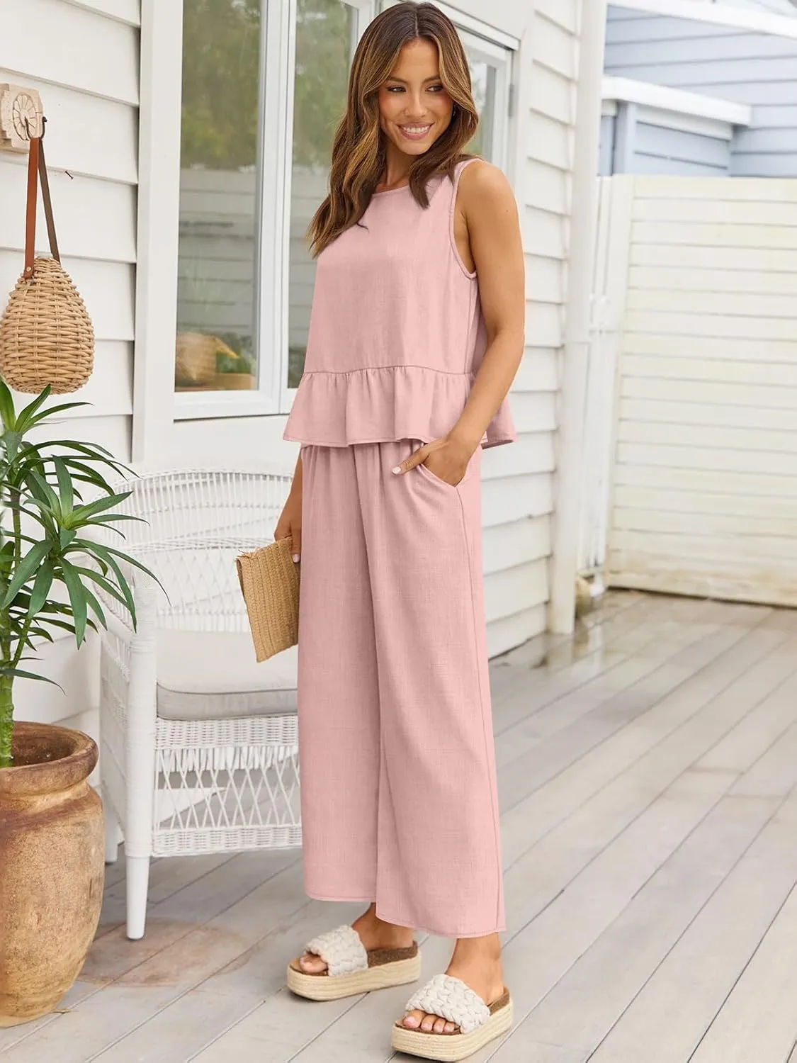 AUTOMET Womens Summer 2 Piece Outfits Linen Crop Tank Tops Lounge Matching Sets & Long Track Pants Tracksuits 2025