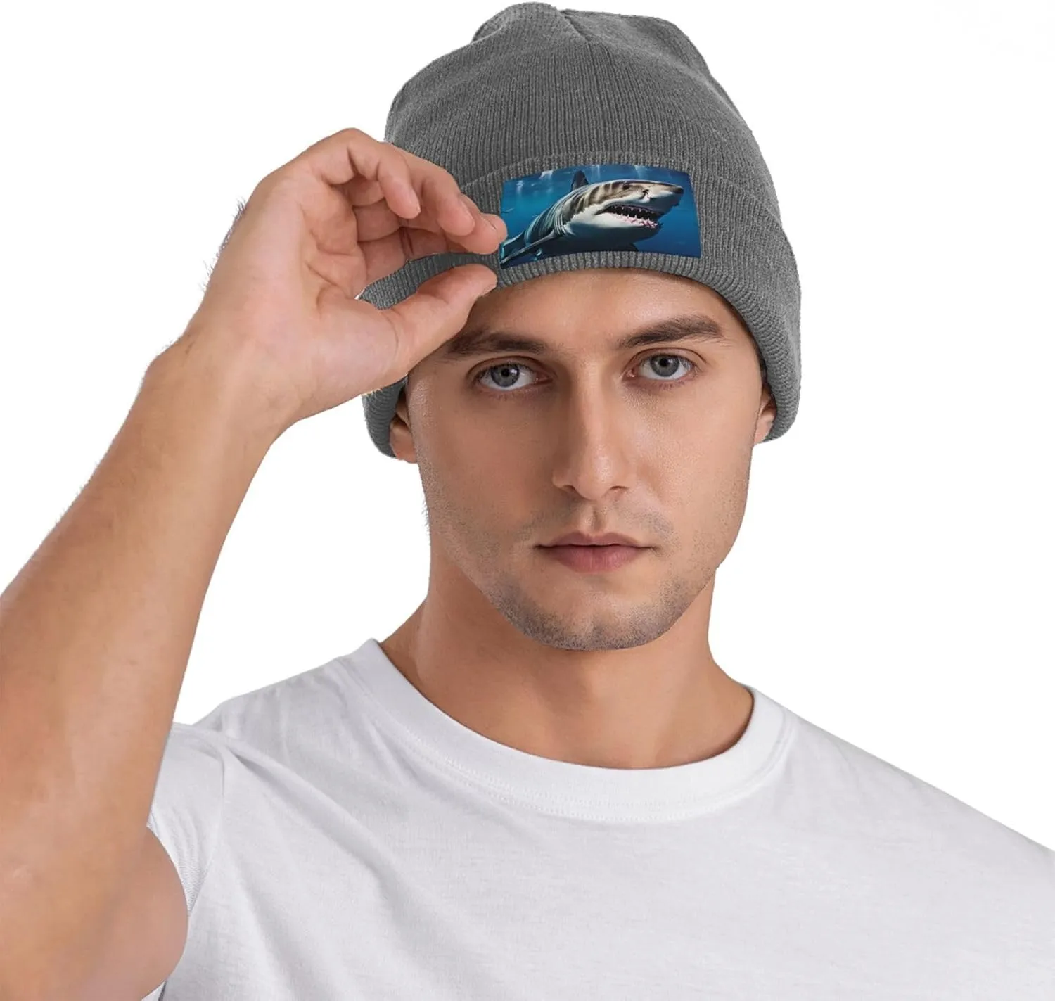 Beanie for Men Winter Hats for Women Knit Hat Great White Shark Beanie Soft Warm Cuffed Caps Stylish Watch Cap Black Beanie