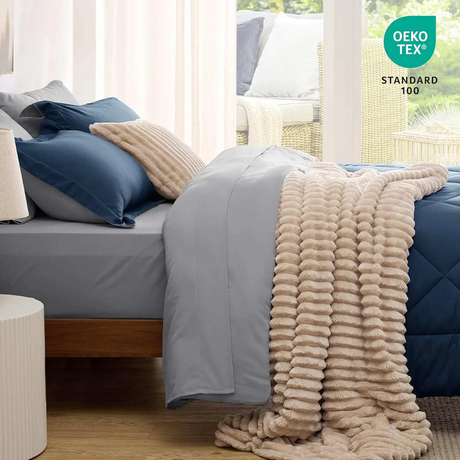 Bedsure Full Size Comforter Set - 7 Pieces Reversible Navy Bedding, Full Size Bed Set for All Seasons, Bed in a Bag with Down Alternative Comforter, Sheets, Pillowcases & Shams