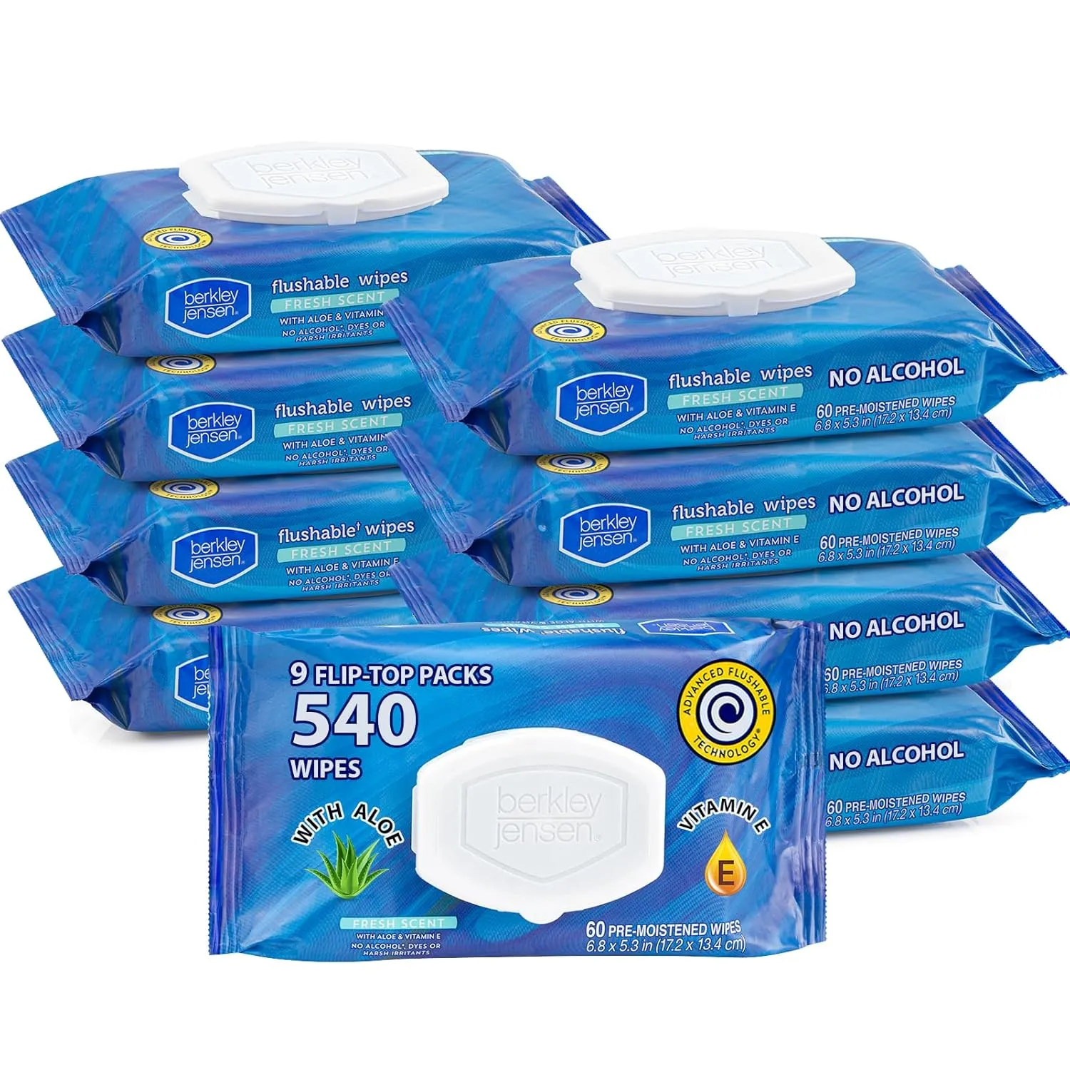 Berkley Jensen Flushable Wipes, Fresh Scent with Aloe & Vitamin E, Adult Wet Wipes, Total 540, 9 Flip-Top Packs, 60 Wipes Per Pack. (9 Pack)