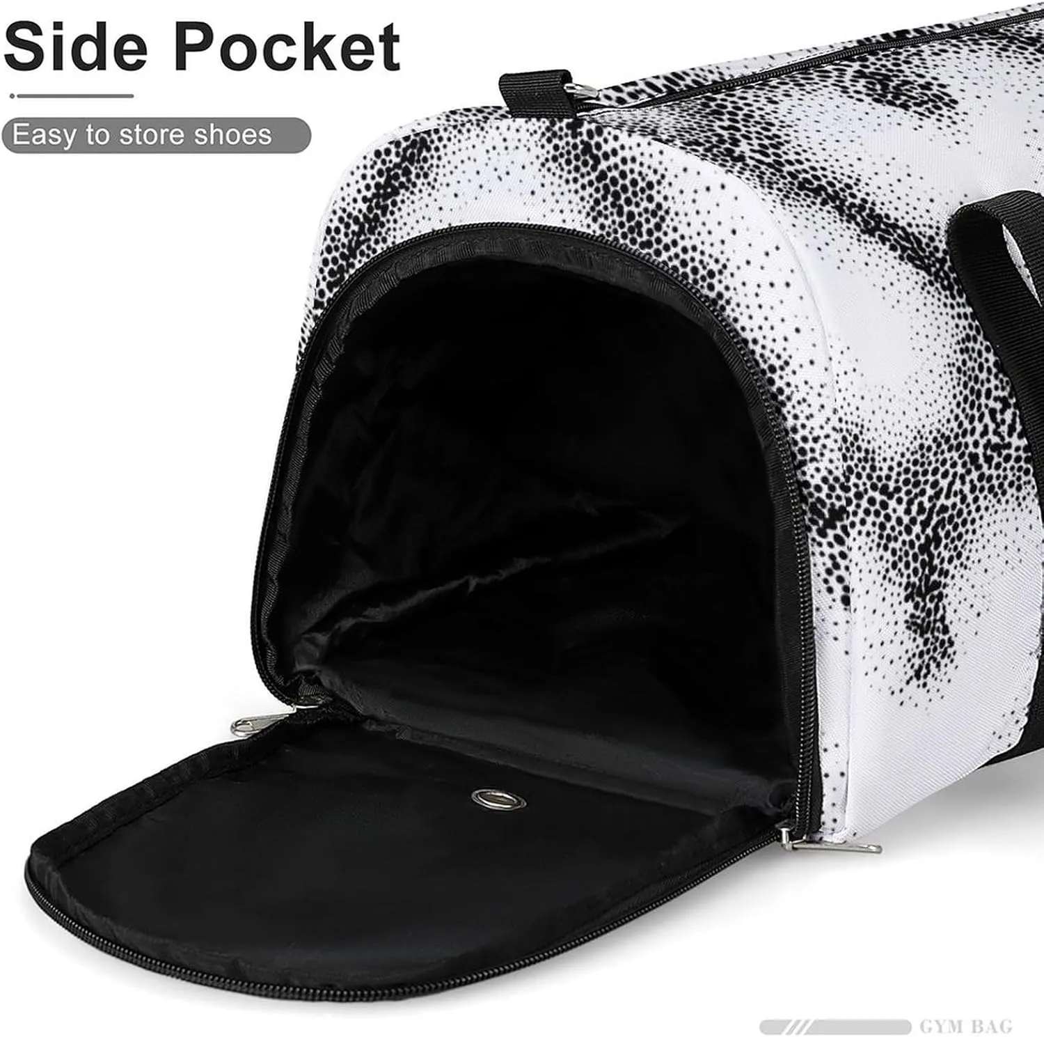 Black And White Dots Hearts Fitness Large Gym Bag for Unisex with Shoe Compartment & Wet Pocket