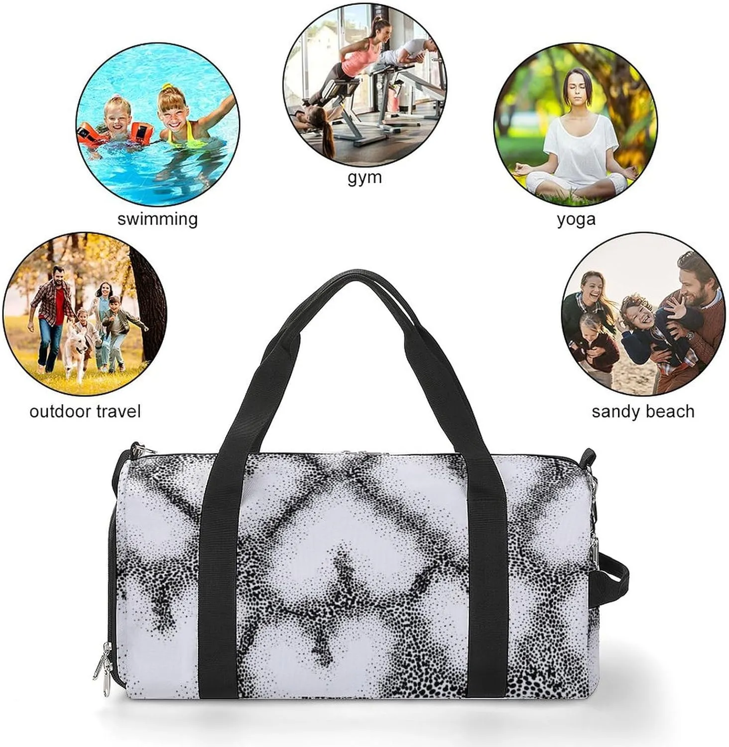 Black And White Dots Hearts Fitness Large Gym Bag for Unisex with Shoe Compartment & Wet Pocket