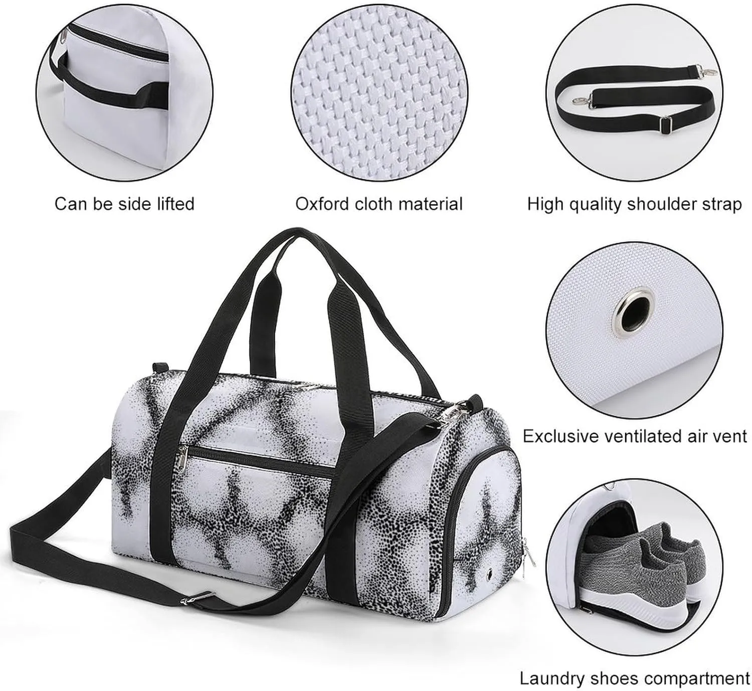 Black And White Dots Hearts Fitness Large Gym Bag for Unisex with Shoe Compartment & Wet Pocket