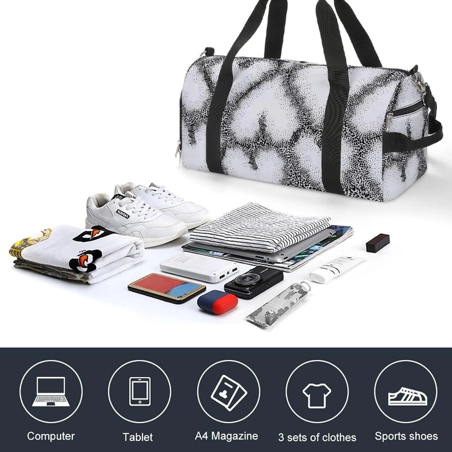 Black And White Dots Hearts Fitness Large Gym Bag for Unisex with Shoe Compartment & Wet Pocket
