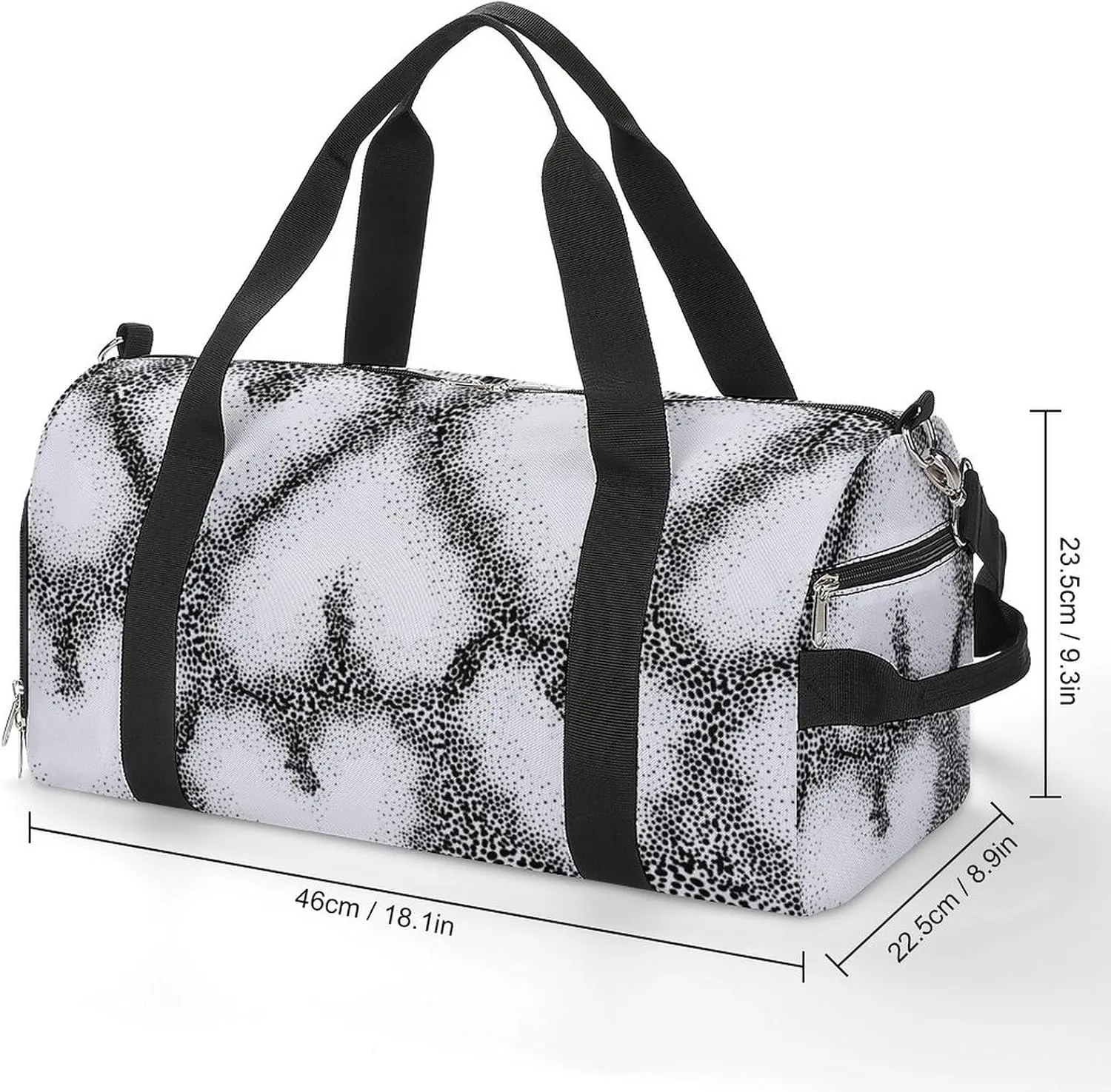 Black And White Dots Hearts Fitness Large Gym Bag for Unisex with Shoe Compartment & Wet Pocket