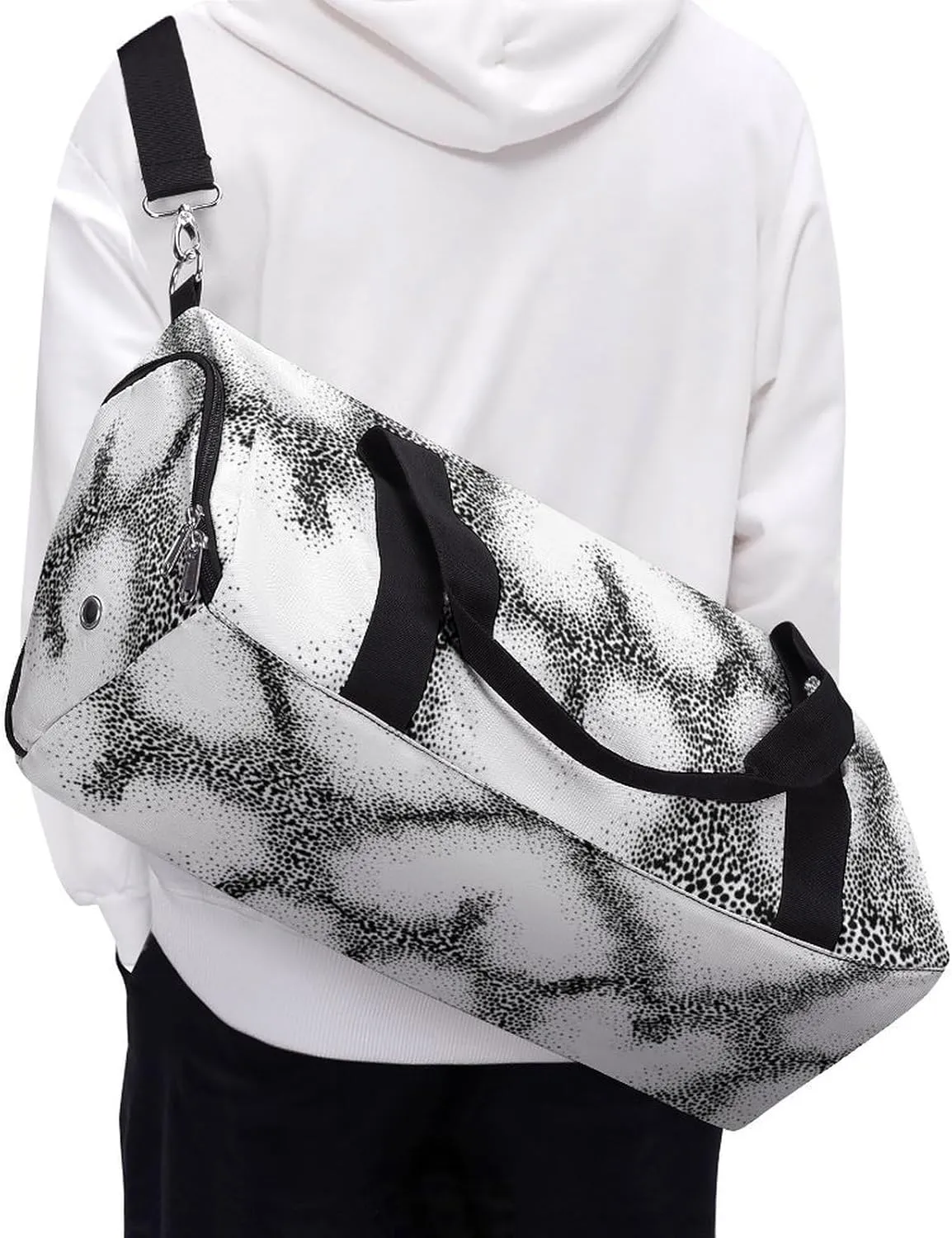 Black And White Dots Hearts Fitness Large Gym Bag for Unisex with Shoe Compartment & Wet Pocket