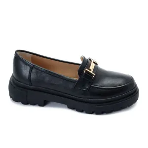 Black Chunky Platform Loafers with Gold Hardware
