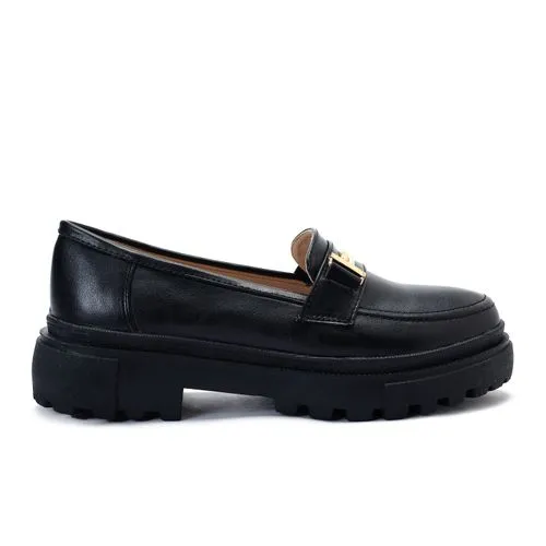 Black Chunky Platform Loafers with Gold Hardware