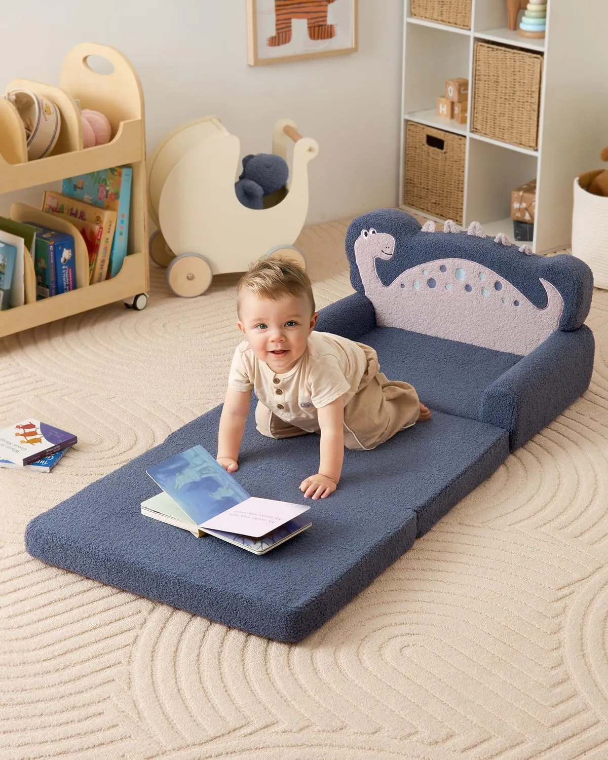 Blissful Diary Kids Couch, 2-in-1 Soft Toddler Couch Fold Out, Toddler Chair Comfy, Convertible Sofa to Lounger, Kids Furniture for Playroom, Gift for Birthday, Children's Day, Blue Dinosaur