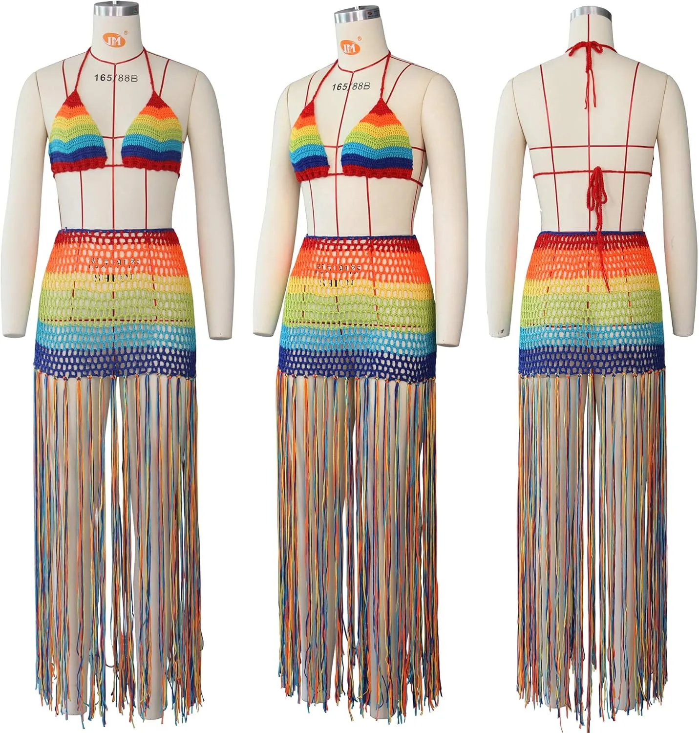 Bluewolfsea Women Sexy Beach Coverups Summer 2 Piece Outfits Crochet Mesh Fishnet Bikini Top and Maxi Skirt Set
