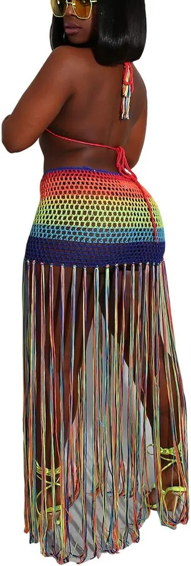 Bluewolfsea Women Sexy Beach Coverups Summer 2 Piece Outfits Crochet Mesh Fishnet Bikini Top and Maxi Skirt Set