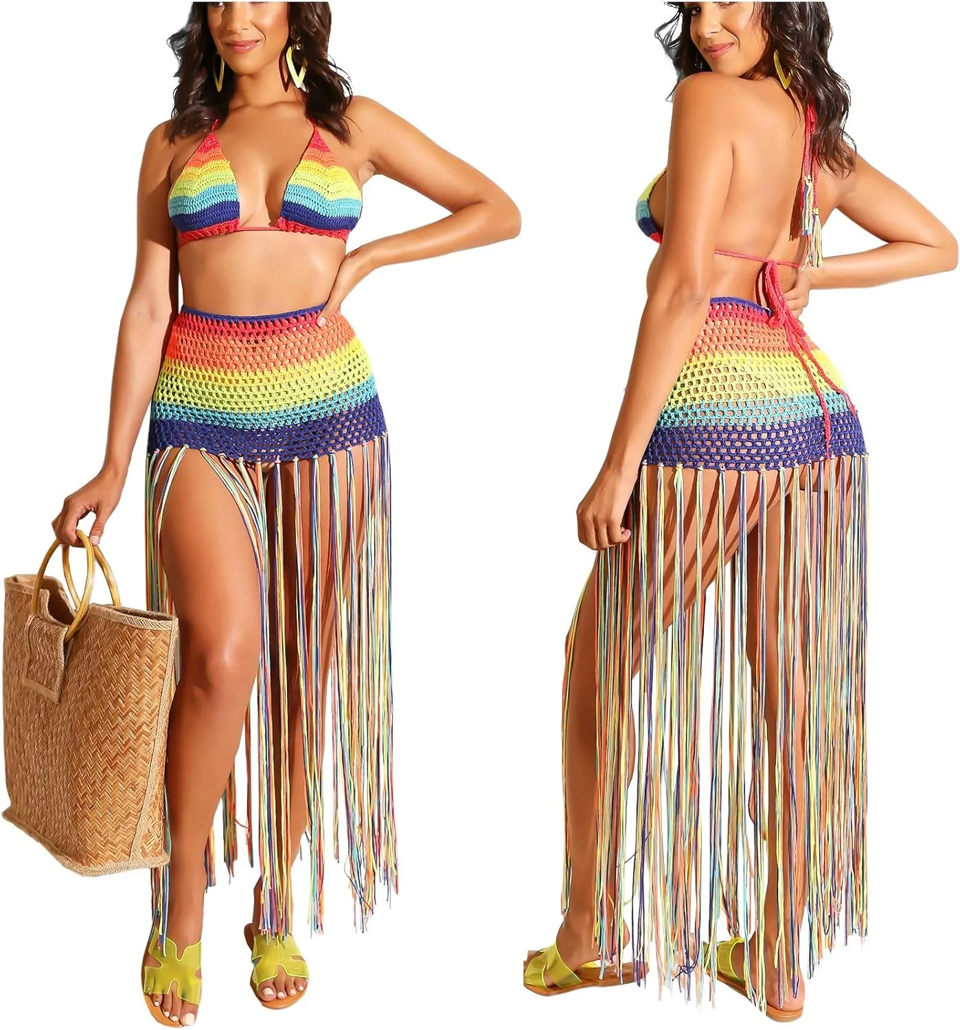Bluewolfsea Women Sexy Beach Coverups Summer 2 Piece Outfits Crochet Mesh Fishnet Bikini Top and Maxi Skirt Set