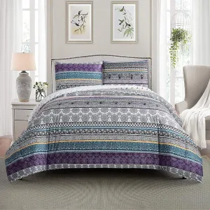 Boho Comforter Set Queen Size, 3 Pieces All Season Reversible Bohemian Comforter Set,Soft Microfiber Bedding Set, Modern Pattern Purple Comforter with 2 Pillow Shams (90x90inches)